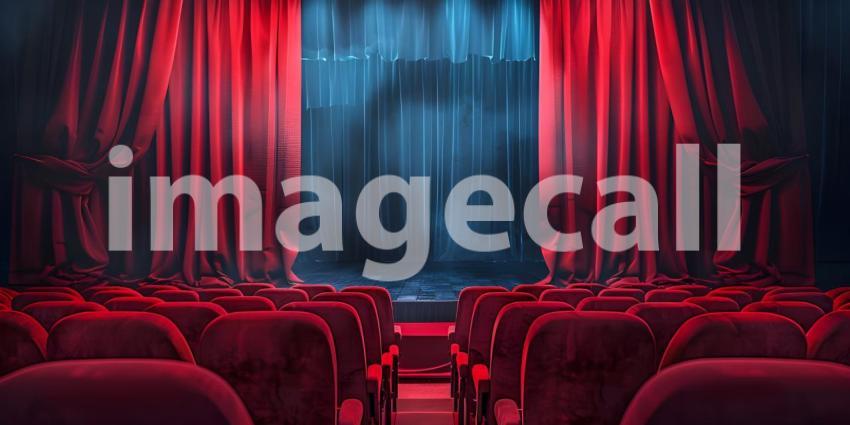 Cinematic Ambiance: Empty Movie Theatre with Stage Curtains Background, Theatrical Setting: Empty Stage and Movie Theatre with Curtains Background - Ai Generated