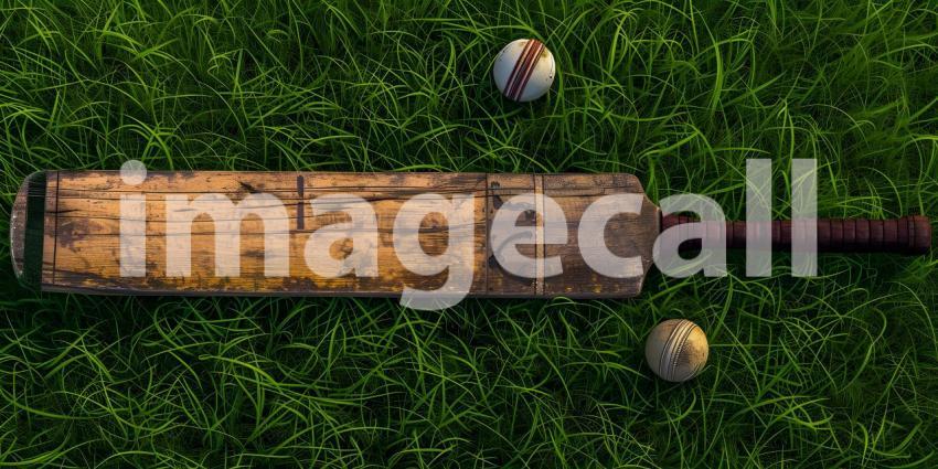 Cricket ball on the top of cricket bat on green grass of ground background - Ai Generated