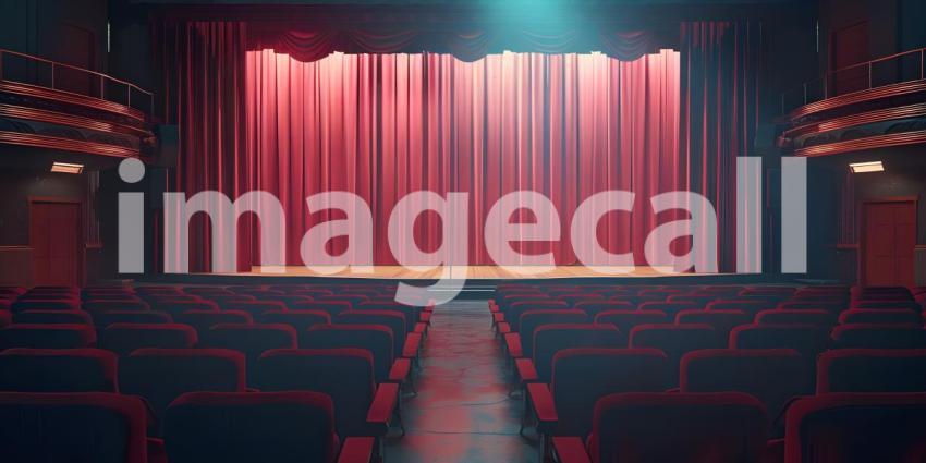 Cinematic Ambiance: Empty Movie Theatre with Stage Curtains Background, Theatrical Setting: Empty Stage and Movie Theatre with Curtains Background - Ai Generated