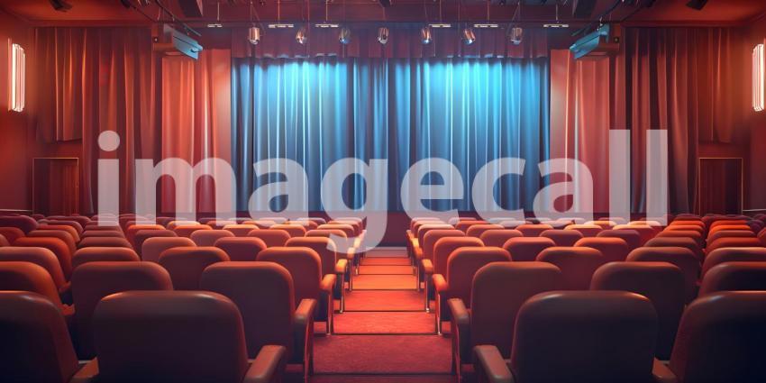 Cinematic Ambiance: Empty Movie Theatre with Stage Curtains Background, Theatrical Setting: Empty Stage and Movie Theatre with Curtains Background - Ai Generated