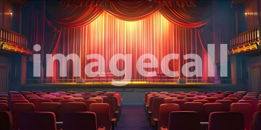Cinematic Ambiance: Empty Movie Theatre with Stage Curtains Background, Theatrical Setting: Empty Stage and Movie Theatre with Curtains Background - Ai Generated