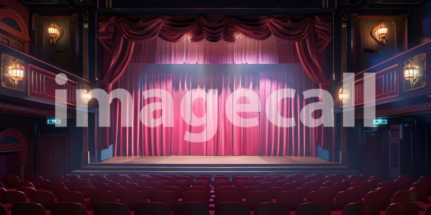 Cinematic Ambiance: Empty Movie Theatre with Stage Curtains Background, Theatrical Setting: Empty Stage and Movie Theatre with Curtains Background - Ai Generated