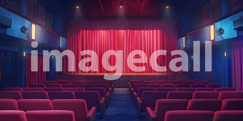 Cinematic Ambiance: Empty Movie Theatre with Stage Curtains Background, Theatrical Setting: Empty Stage and Movie Theatre with Curtains Background - Ai Generated