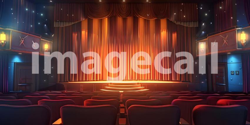 Cinematic Ambiance: Empty Movie Theatre with Stage Curtains Background, Theatrical Setting: Empty Stage and Movie Theatre with Curtains Background - Ai Generated
