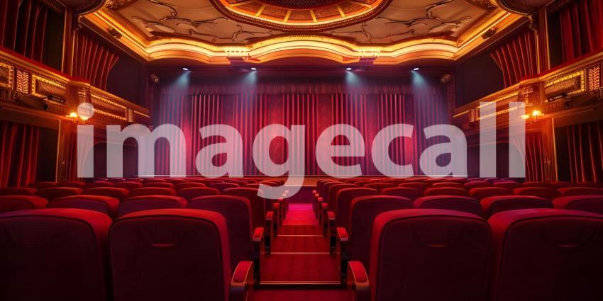 Cinematic Ambiance: Empty Movie Theatre with Stage Curtains Background, Theatrical Setting: Empty Stage and Movie Theatre with Curtains Background - Ai Generated