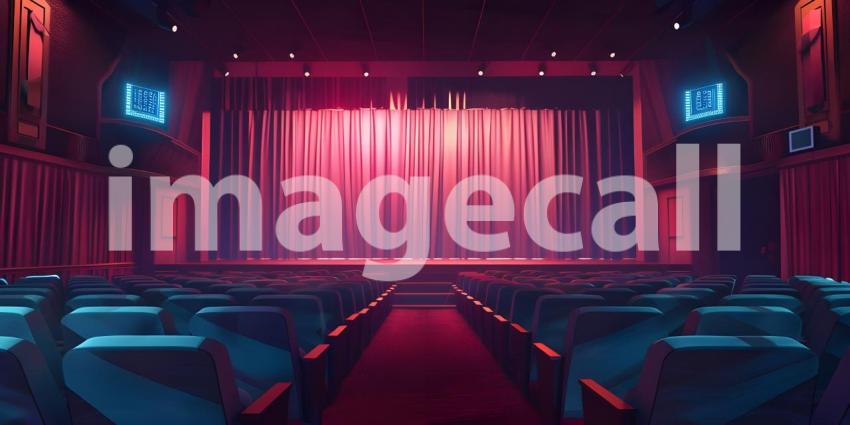 Cinematic Ambiance: Empty Movie Theatre with Stage Curtains Background, Theatrical Setting: Empty Stage and Movie Theatre with Curtains Background - Ai Generated
