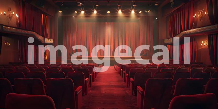 Cinematic Ambiance: Empty Movie Theatre with Stage Curtains Background, Theatrical Setting: Empty Stage and Movie Theatre with Curtains Background - Ai Generated