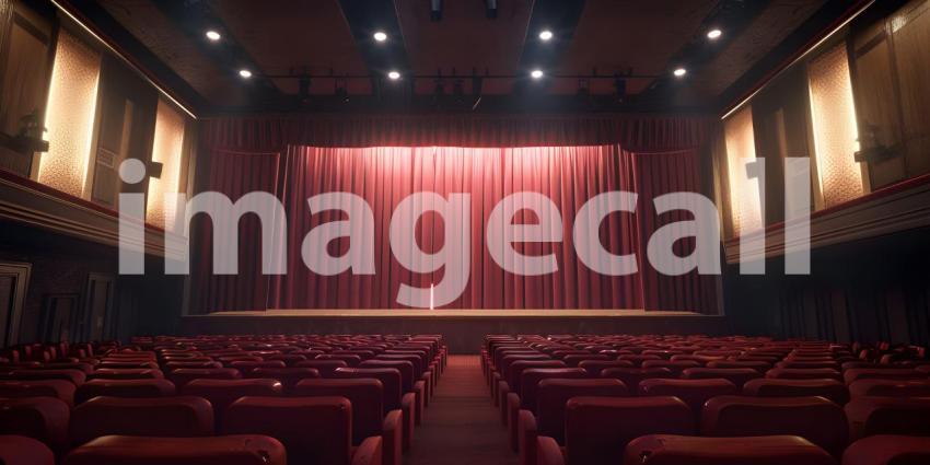 Cinematic Ambiance: Empty Movie Theatre with Stage Curtains Background, Theatrical Setting: Empty Stage and Movie Theatre with Curtains Background - Ai Generated