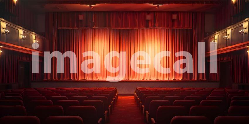 Cinematic Ambiance: Empty Movie Theatre with Stage Curtains Background, Theatrical Setting: Empty Stage and Movie Theatre with Curtains Background - Ai Generated