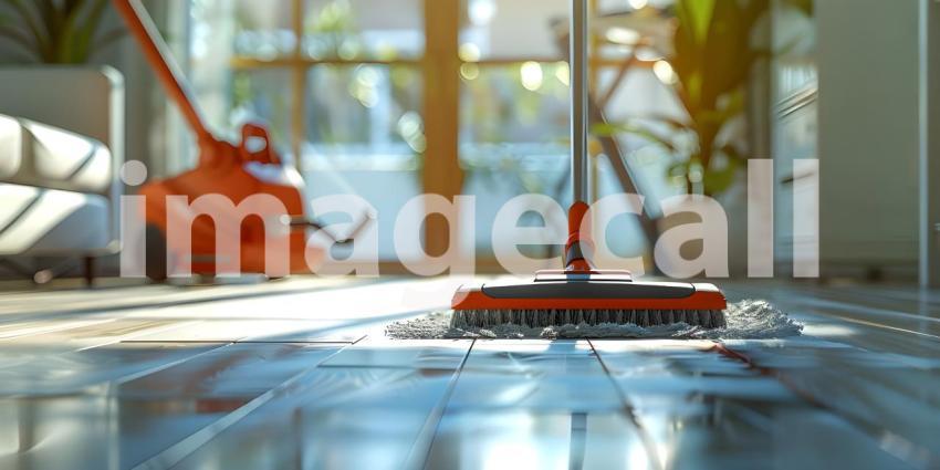 Floor cleaning with mob with cleanser and vacuum cleaner at home background - Ai Generated