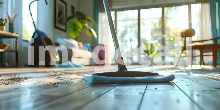 Floor cleaning with mob with cleanser and vacuum cleaner at home background - Ai Generated