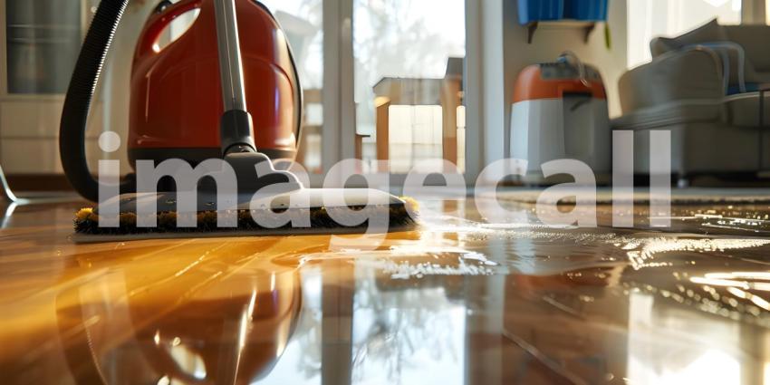 Floor cleaning with mob with cleanser and vacuum cleaner at home background - Ai Generated