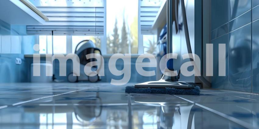 Floor cleaning with mob with cleanser and vacuum cleaner at home background - Ai Generated