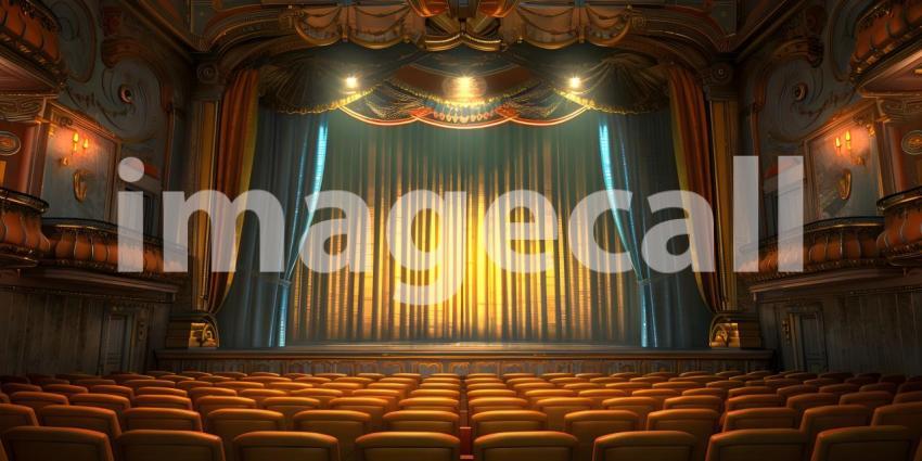 Cinematic Ambiance: Empty Movie Theatre with Stage Curtains Background, Theatrical Setting: Empty Stage and Movie Theatre with Curtains Background - Ai Generated