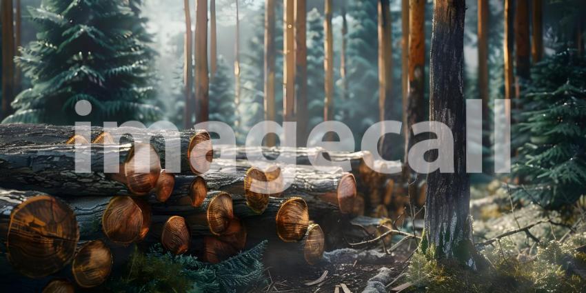 Forest pine and spruce trees Log trunks pile in forest background - Ai Generated