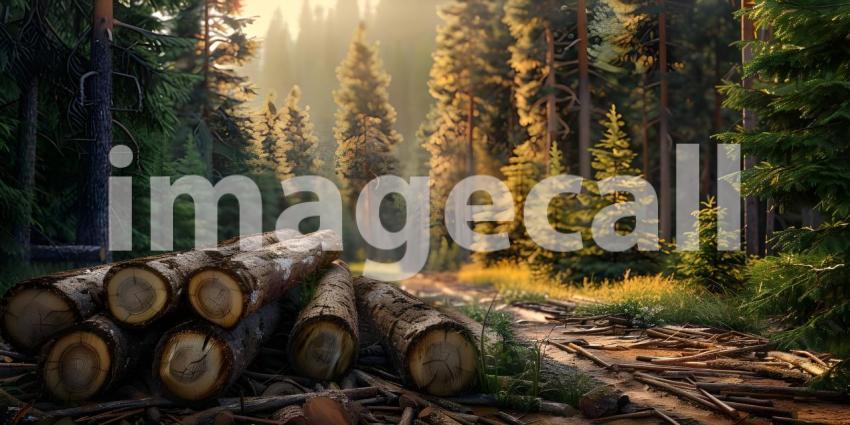 Forest pine and spruce trees Log trunks pile in forest background - Ai Generated