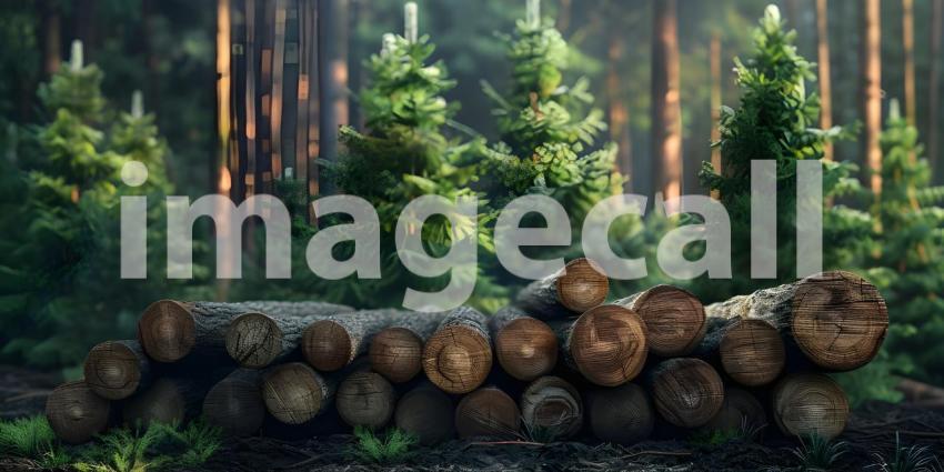 Forest pine and spruce trees Log trunks pile in forest background - Ai Generated