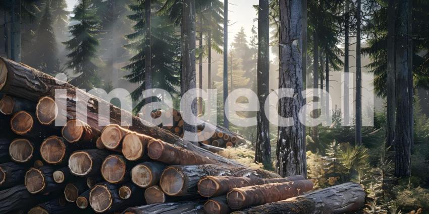 Forest pine and spruce trees Log trunks pile in forest background - Ai Generated