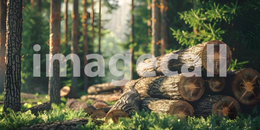 Forest pine and spruce trees Log trunks pile in forest background - Ai Generated