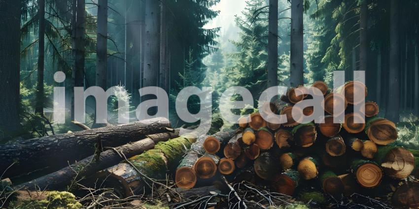 Forest pine and spruce trees Log trunks pile in forest background - Ai Generated