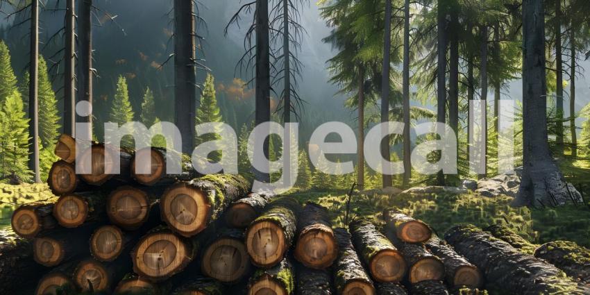 Forest pine and spruce trees Log trunks pile in forest background - Ai Generated