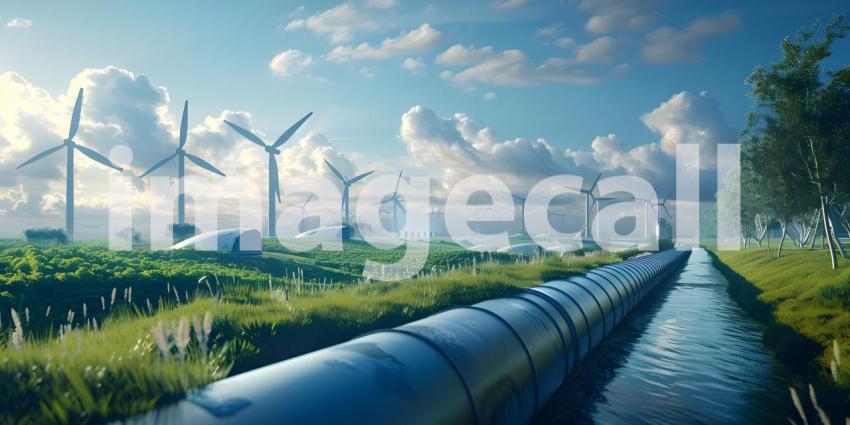Sustainable Energy Infrastructure: Hydrogen Pipeline and Wind Turbines, Renewable Power Network: Wind Turbines and Hydrogen Pipeline - Ai Generated