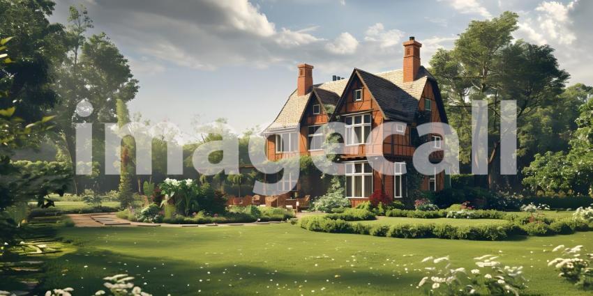 English Style Garden House with Expansive Green Lawn, Traditional English Garden House with Spacious Green Lawn - Ai Generated