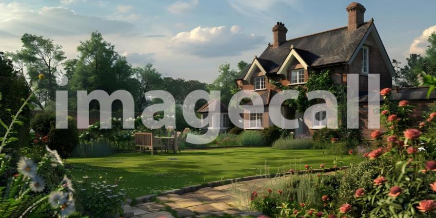 English Style Garden House with Expansive Green Lawn, Traditional English Garden House with Spacious Green Lawn - Ai Generated