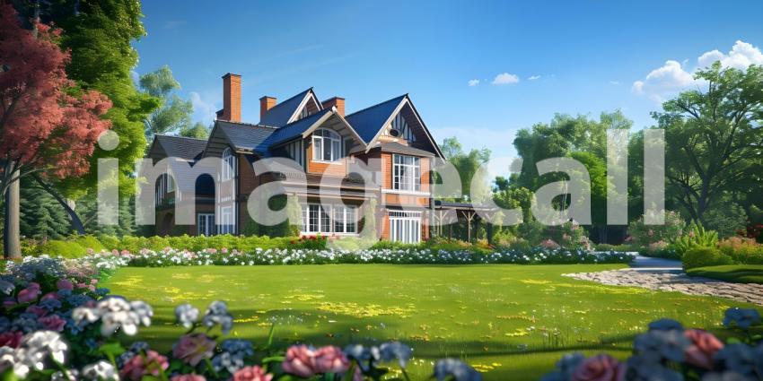 English Style Garden House with Expansive Green Lawn, Traditional English Garden House with Spacious Green Lawn - Ai Generated