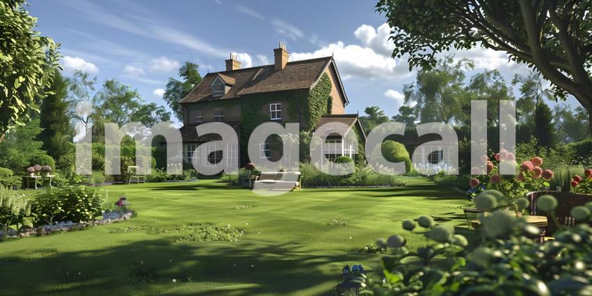 English Style Garden House with Expansive Green Lawn, Traditional English Garden House with Spacious Green Lawn - Ai Generated
