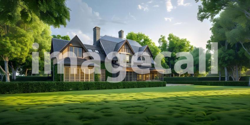 English Style Garden House with Expansive Green Lawn, Traditional English Garden House with Spacious Green Lawn - Ai Generated