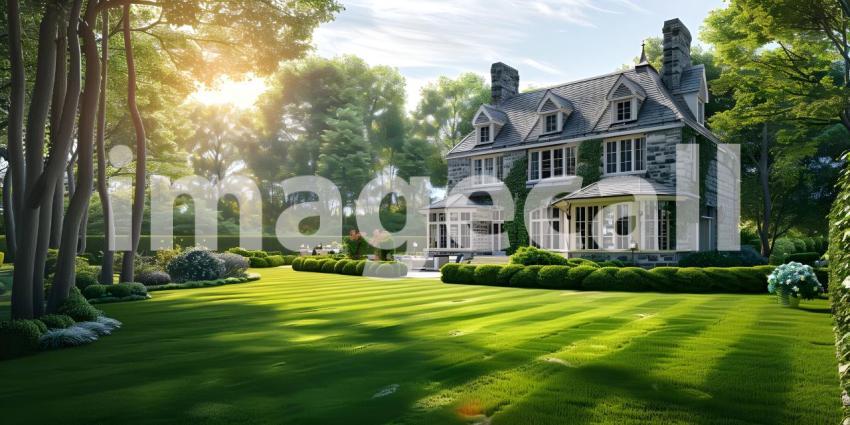 English Style Garden House with Expansive Green Lawn, Traditional English Garden House with Spacious Green Lawn - Ai Generated