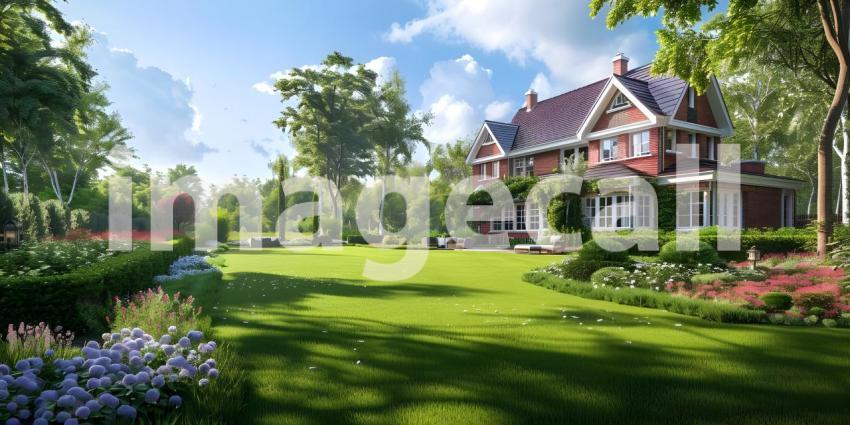 English Style Garden House with Expansive Green Lawn, Traditional English Garden House with Spacious Green Lawn - Ai Generated