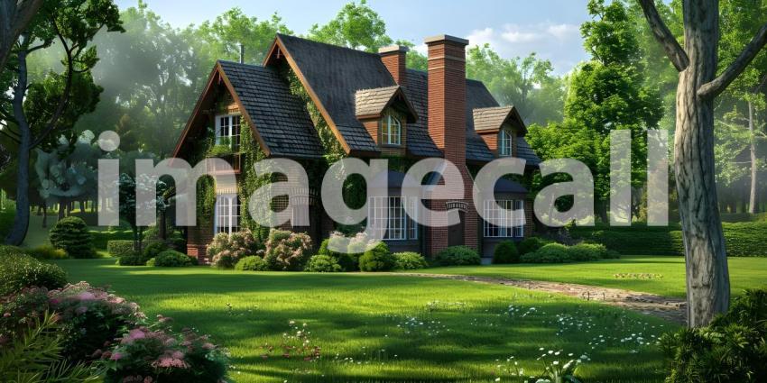 English Style Garden House with Expansive Green Lawn, Traditional English Garden House with Spacious Green Lawn - Ai Generated