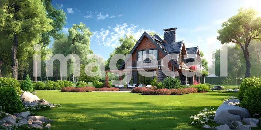 English Style Garden House with Expansive Green Lawn, Traditional English Garden House with Spacious Green Lawn - Ai Generated