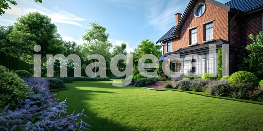 English Style Garden House with Expansive Green Lawn, Traditional English Garden House with Spacious Green Lawn - Ai Generated