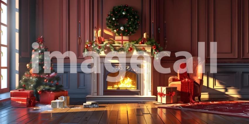 Living room home interior with decorated fireplace and Christmas tree background - Ai Generated