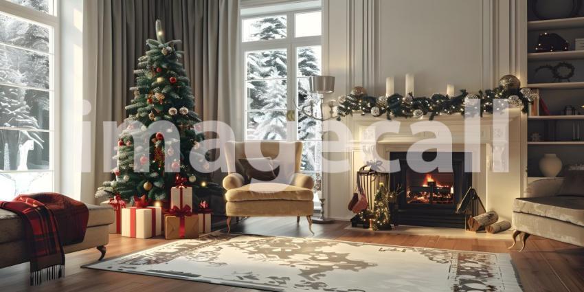 Living room home interior with decorated fireplace and Christmas tree background - Ai Generated
