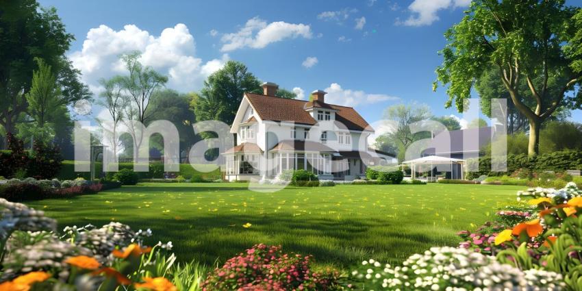 English Style Garden House with Expansive Green Lawn, Traditional English Garden House with Spacious Green Lawn - Ai Generated
