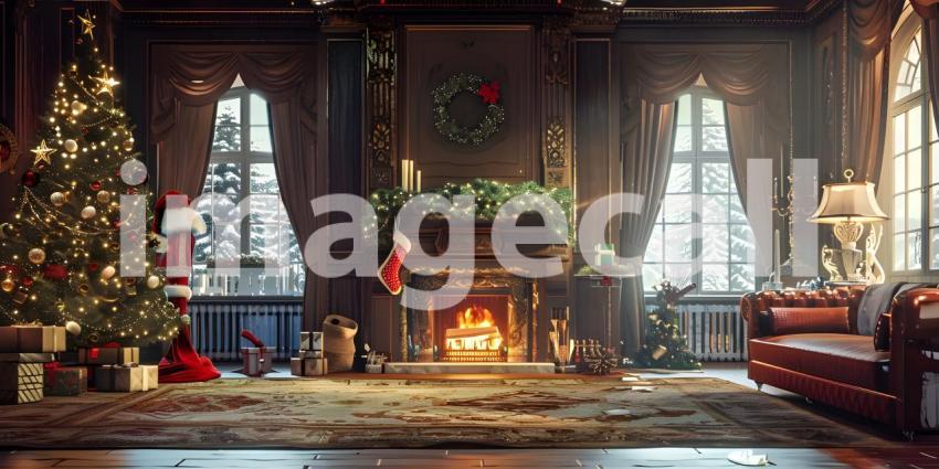 Living room home interior with decorated fireplace and Christmas tree background - Ai Generated