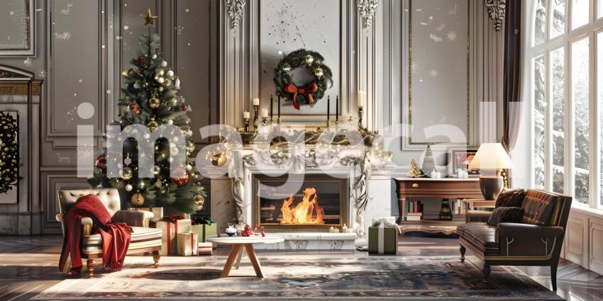 Living room home interior with decorated fireplace and Christmas tree background - Ai Generated