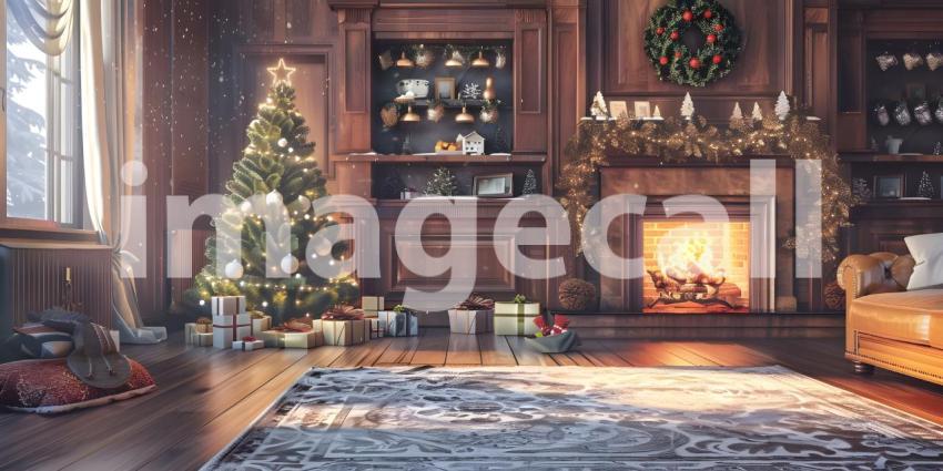 Living room home interior with decorated fireplace and Christmas tree background - Ai Generated
