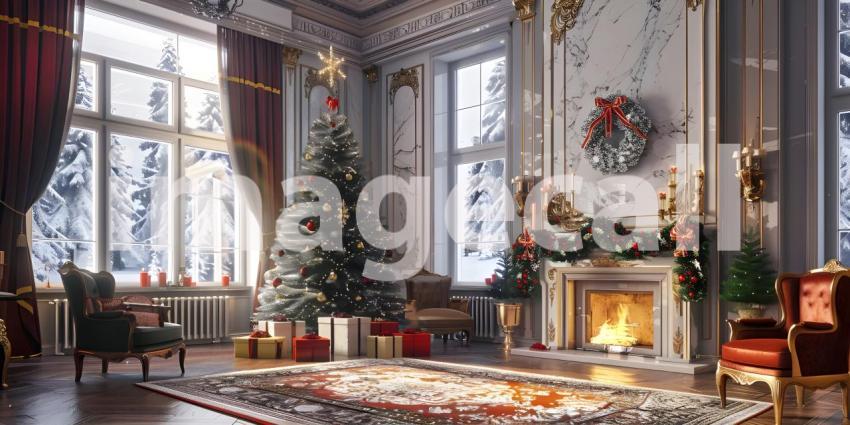 Living room home interior with decorated fireplace and Christmas tree background - Ai Generated