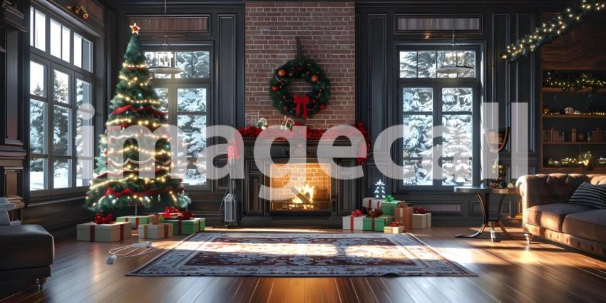 Living room home interior with decorated fireplace and Christmas tree background - Ai Generated