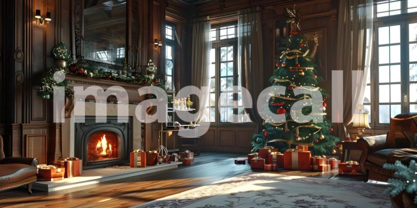 Living room home interior with decorated fireplace and Christmas tree background - Ai Generated