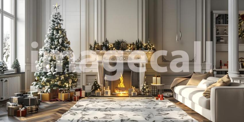 Living room home interior with decorated fireplace and Christmas tree background - Ai Generated