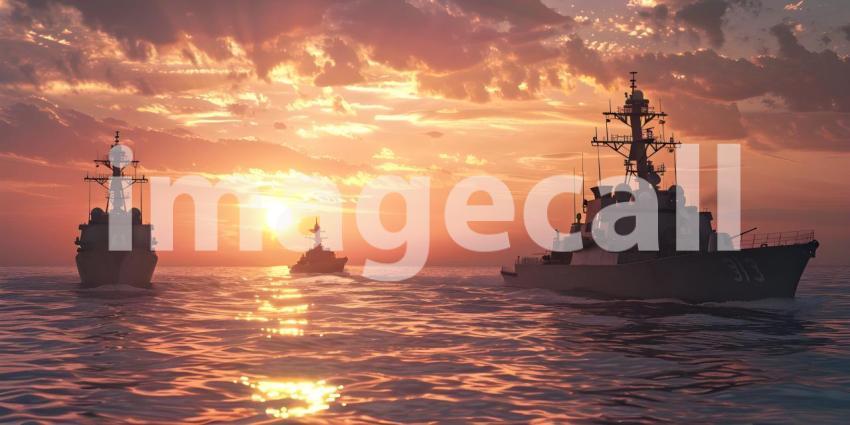 Naval Fleet in Sunset Ocean Background, Military Warships on Sea at Dusk Background - Ai Generated