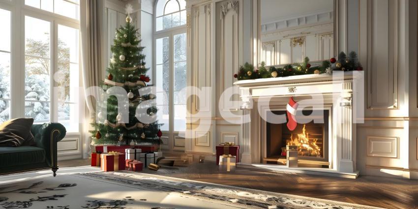 Living room home interior with decorated fireplace and Christmas tree background - Ai Generated