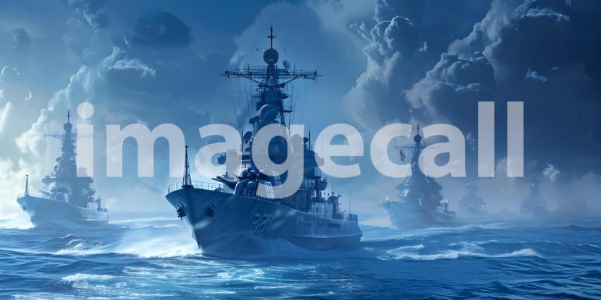 Naval Fleet in Sunset Ocean Background, Military Warships on Sea at Dusk Background - Ai Generated