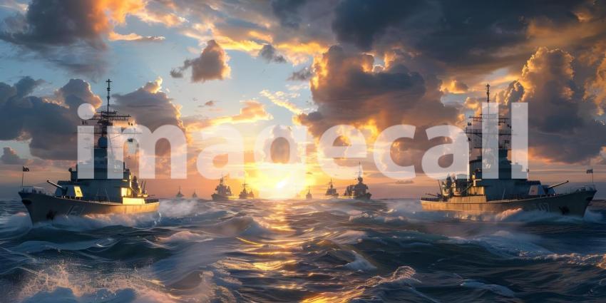 Naval Fleet in Sunset Ocean Background, Military Warships on Sea at Dusk Background - Ai Generated